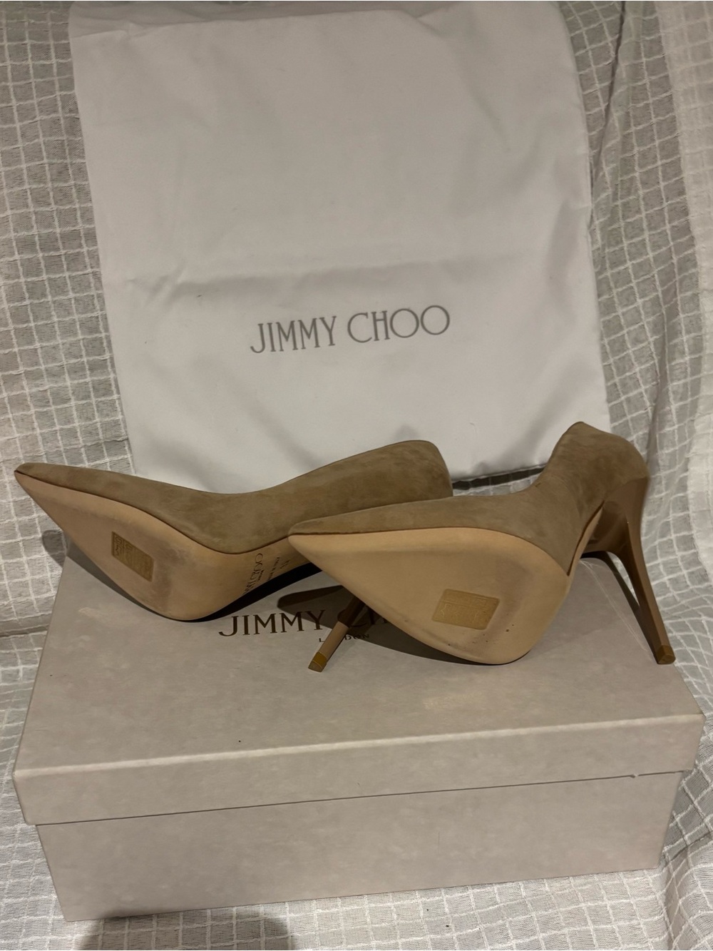 Jimmy Choo Beige Suede Pointed-Toe Stiletto Pumps